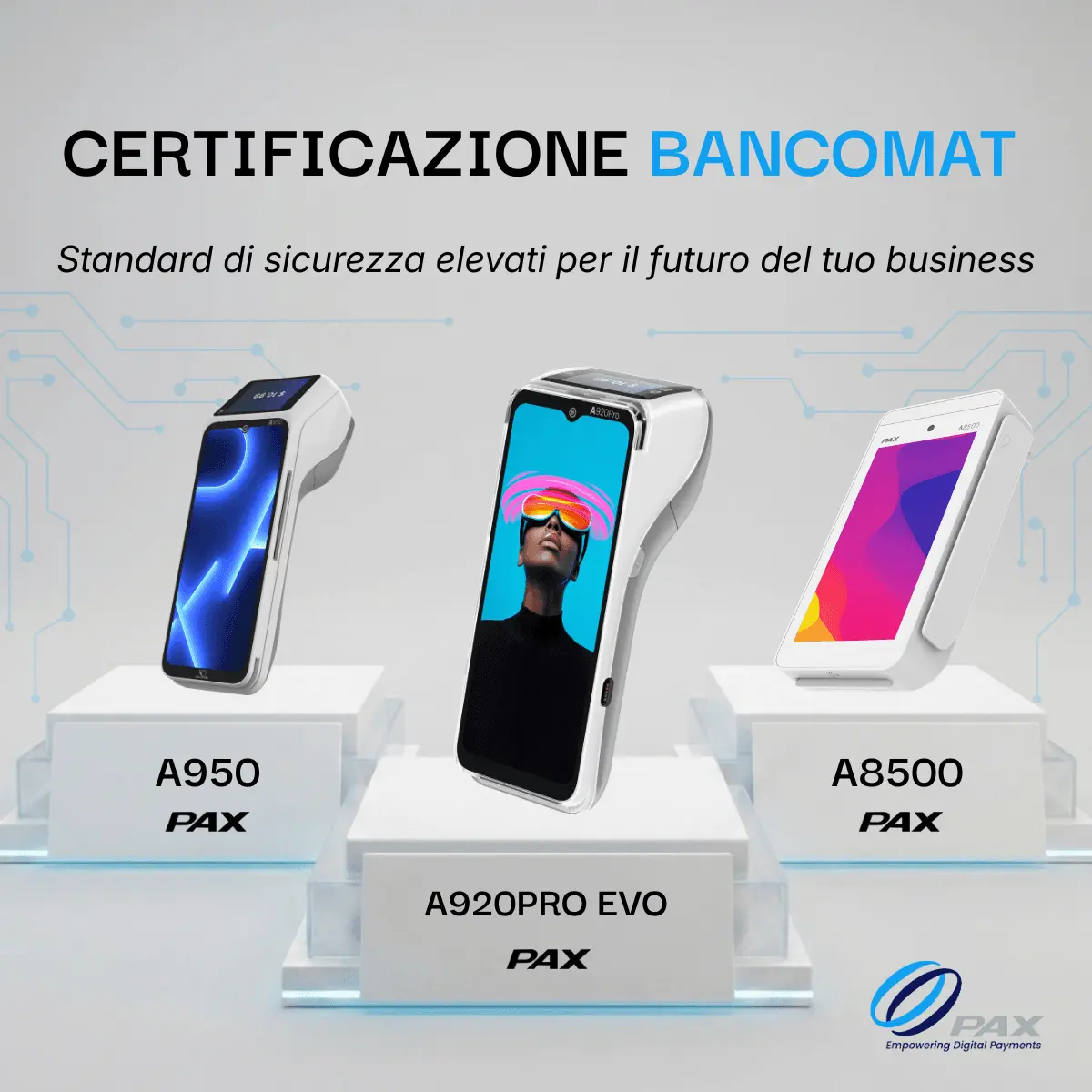 PAX Italia ottiene l'omologazione Bancomat per i terminali A950, A8500 e A920Pro doppio schermo